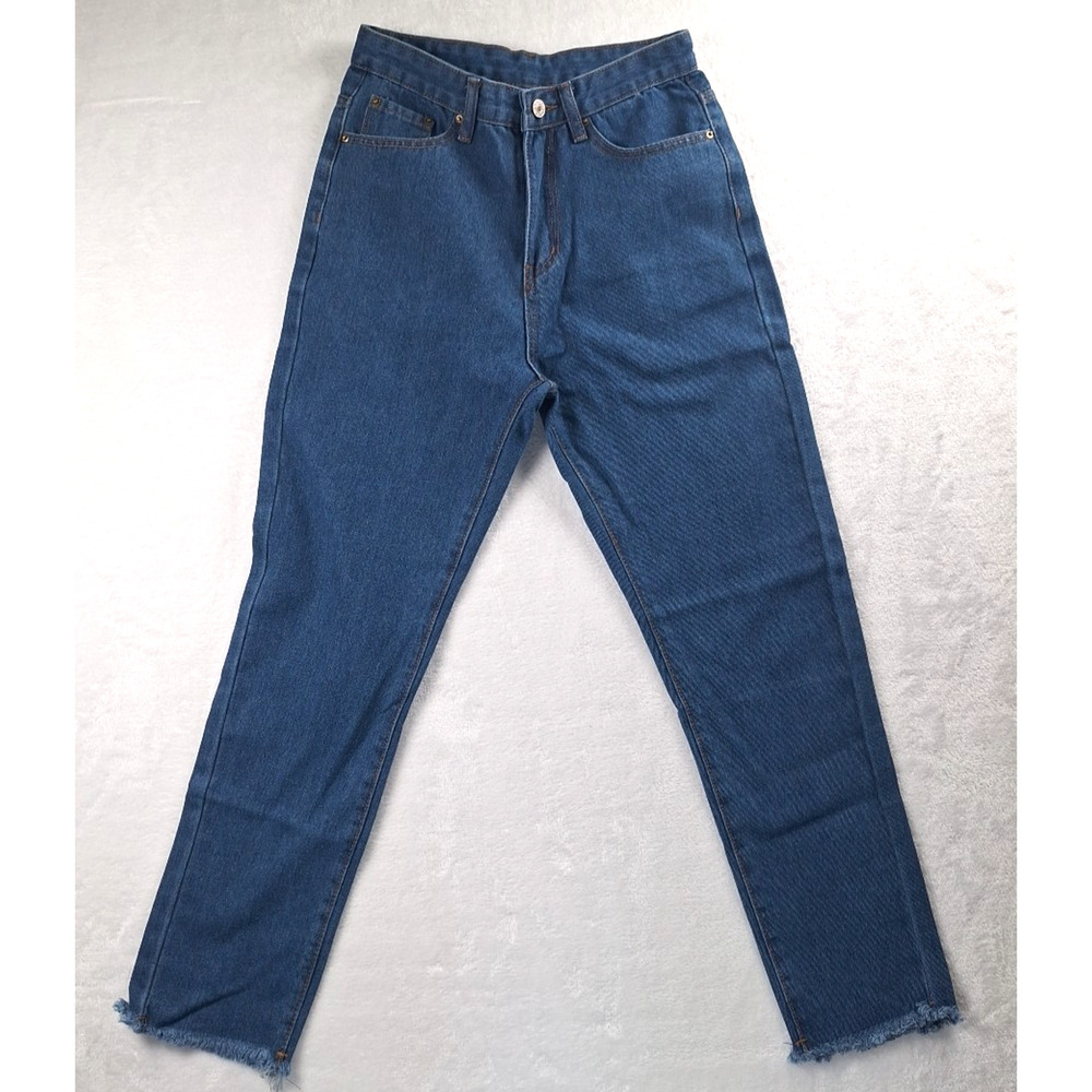 SHEIN Jeans Women's Dark Blue Denim High-Rise Straight Destressed Bottom Small